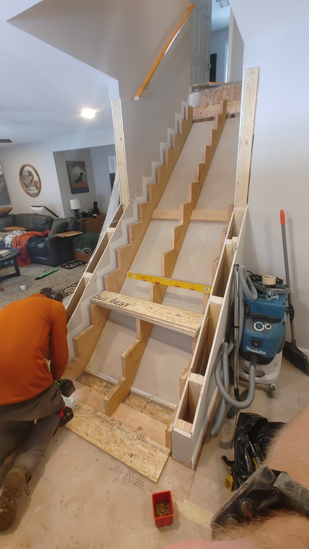 Custom red oak staircase built by Valley Builders in New Hampshire